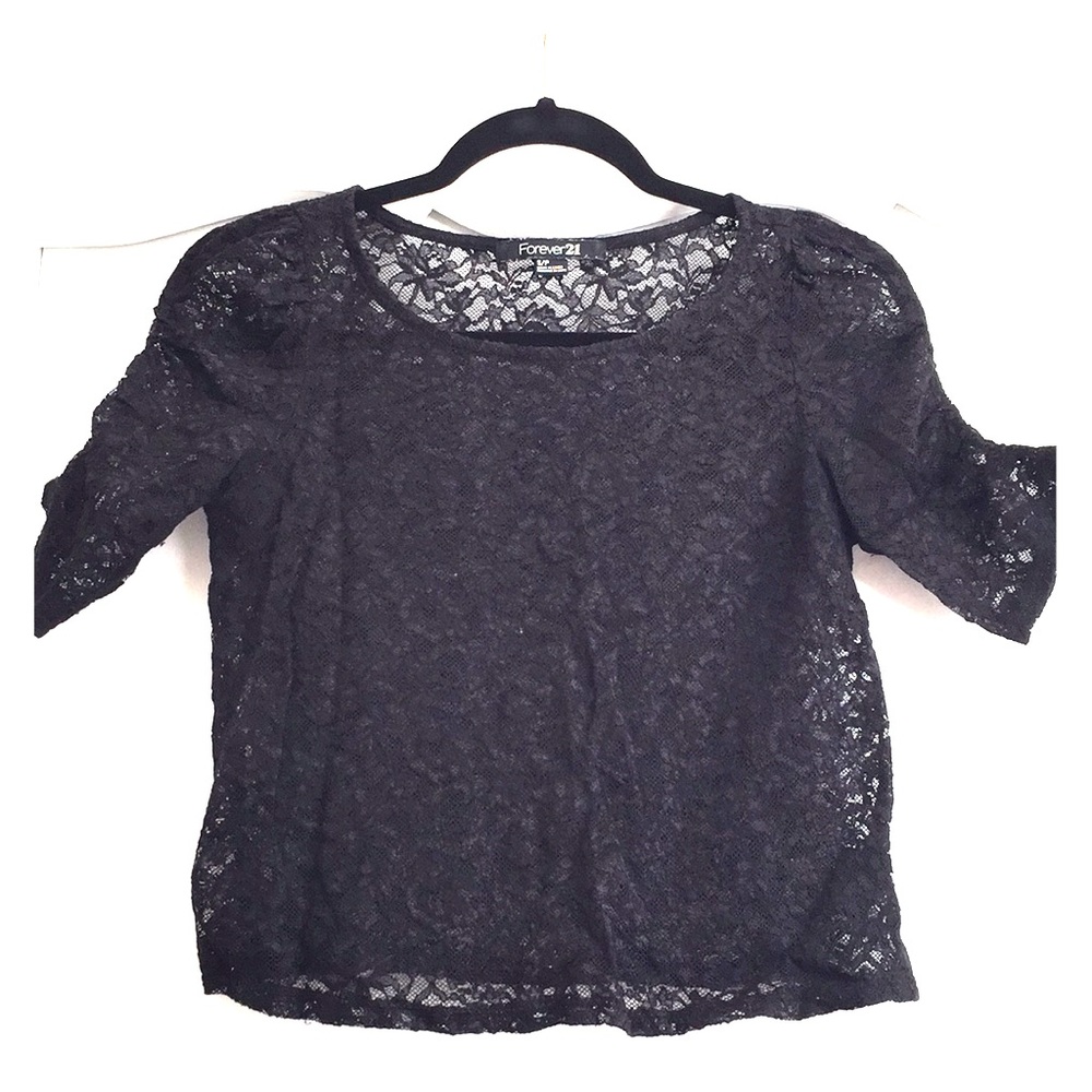 Transparent black lace hip length 3/4 sleeve top